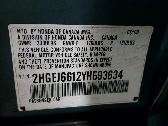 2HGEJ6612YH593634 - 2000 HONDA CIVIC BASE Mavi foto 10