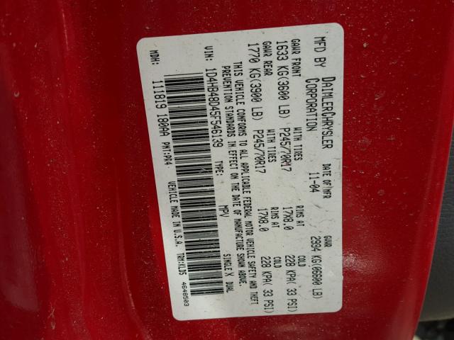 1D4HB48D45F546139 - 2005 DODGE DURANGO SL RED photo 10