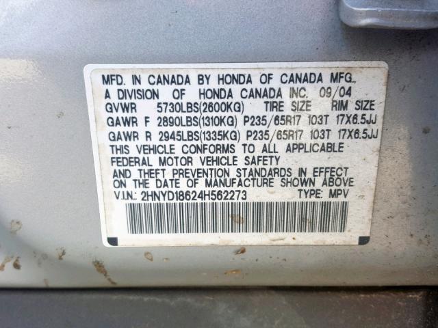 2HNYD18624H562273 - 2004 ACURA MDX TOURIN SILVER photo 10