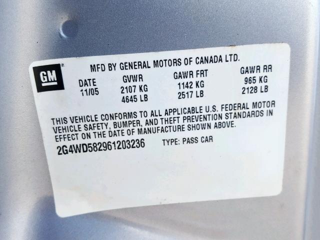 2G4WD582961203236 - 2006 BUICK LACROSSE C SILVER photo 10