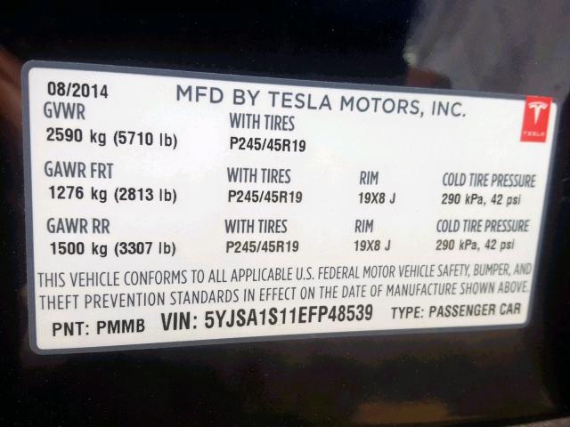 5YJSA1S11EFP48539 - 2014 TESLA MODEL S BLUE photo 10