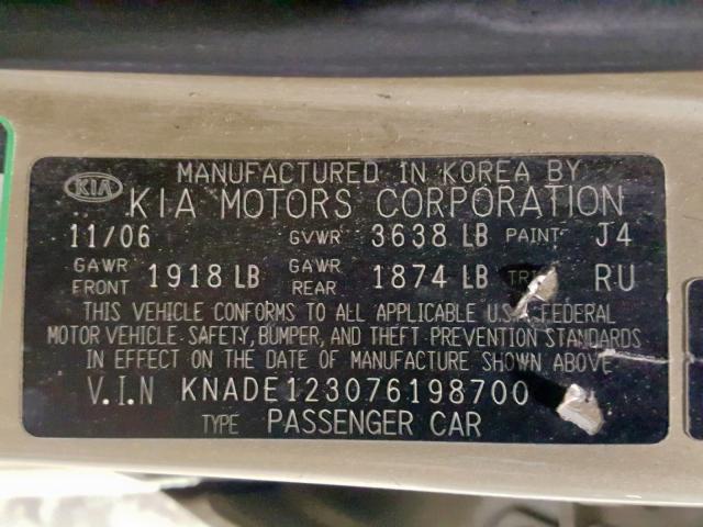 KNADE123076198700 - 2007 KIA RIO BASE BEIGE photo 10