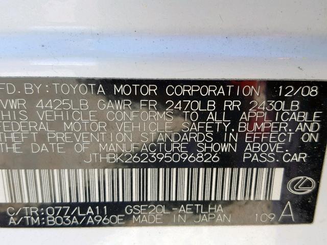 JTHBK262395096826 - 2009 LEXUS IS 250 WHITE photo 10