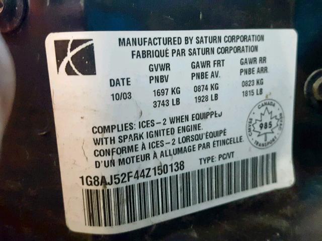 1G8AJ52F44Z150138 - 2004 SATURN ION LEVEL SILVER photo 10