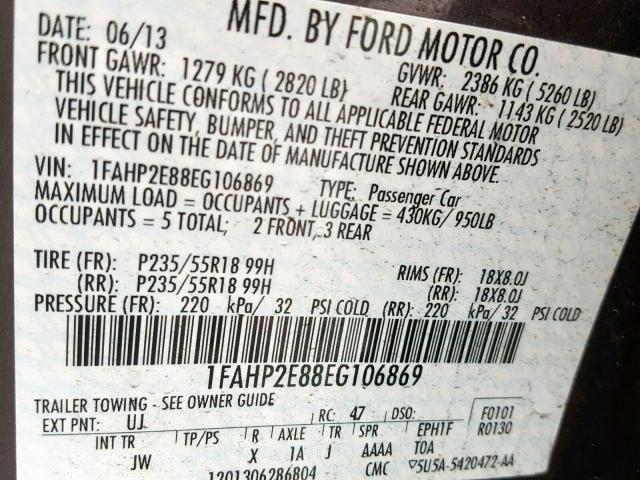 1FAHP2E88EG106869 - 2014 FORD TAURUS SEL GRAY photo 10