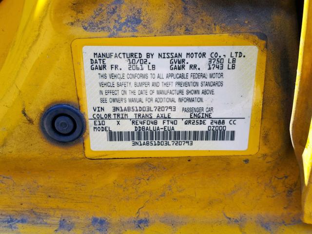 3N1AB51D03L720793 - 2003 NISSAN SENTRA SE- YELLOW photo 10