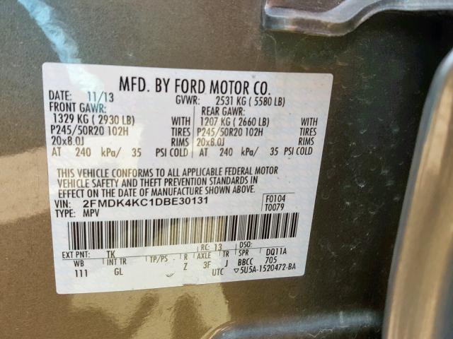 2FMDK4KC1DBE30131 - 2013 FORD EDGE LIMIT BROWN photo 10