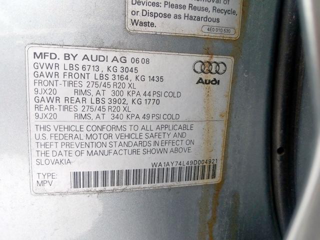 WA1AY74L49D004921 - 2009 AUDI Q7 3.6 QUATTRO  photo 10