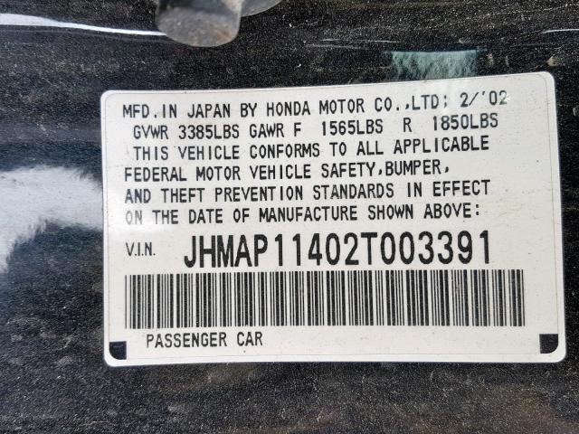 JHMAP11402T003391 - 2002 HONDA S2000 BLACK photo 10