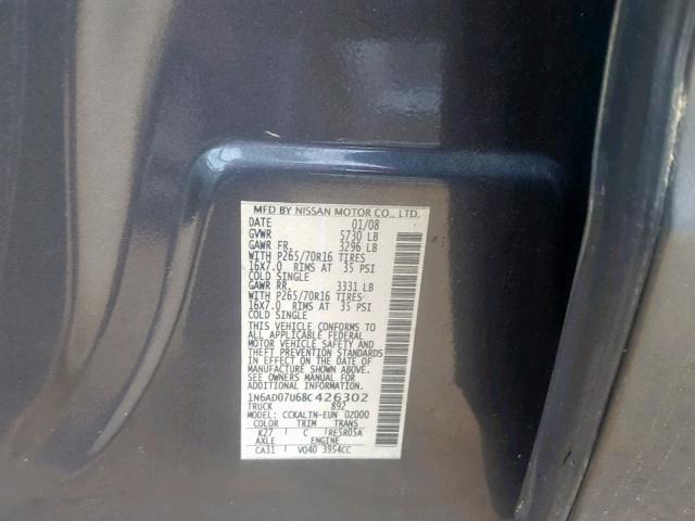 1N6AD07U68C426302 - 2008 NISSAN FRONTIER C GRAY photo 10