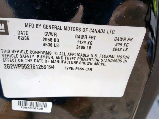 2G2WP552761259194 - 2006 PONTIAC GRAND PRIX BLACK photo 10
