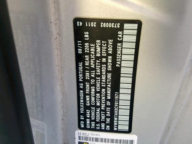 WVWBW7AH3CV011571 - 2012 VOLKSWAGEN EOS KOMFOR 银色 照片 10