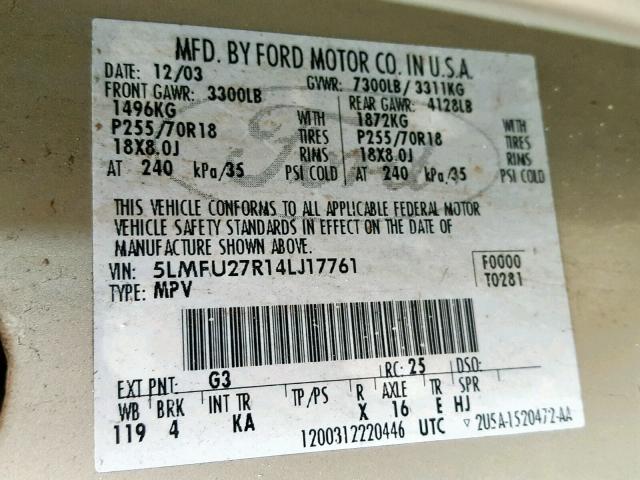 5LMFU27R14LJ17761 - 2004 LINCOLN NAVIGATOR GOLD photo 10