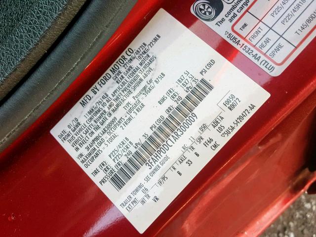 3FAHP0DC1AR300009 - 2010 FORD FUSION SPO RED photo 10