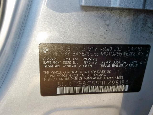 5UXFG8C58BLZ95154 - 2011 BMW X6 XDRIVE5 Күміс фото 10