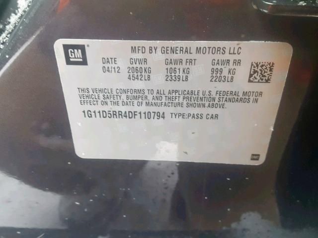 1G11D5RR4DF110794 - 2013 CHEVROLET MALIBU 1LT ნაცრისფერი ფოტო 10