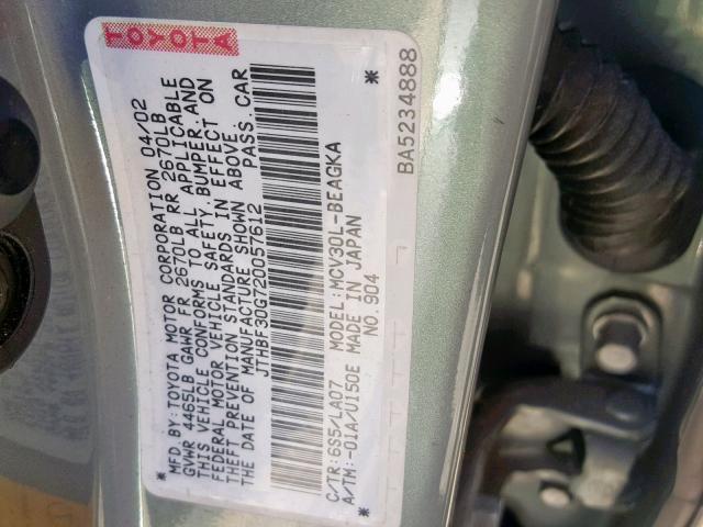 JTHBF30G720057612 - 2002 LEXUS ES 300 GRAY photo 10