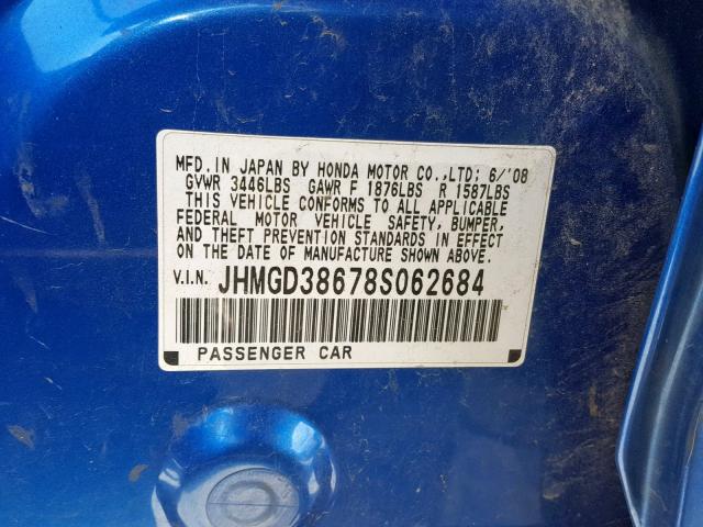 JHMGD38678S062684 - 2008 HONDA FIT SPORT BLUE photo 10