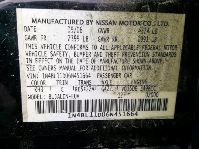 1N4BL11D06N451664 - 2006 NISSAN ALTIMA SE BLACK photo 10