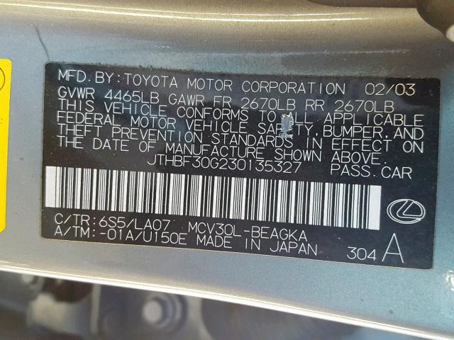 JTHBF30G230135327 - 2003 LEXUS ES 300 GREEN photo 10