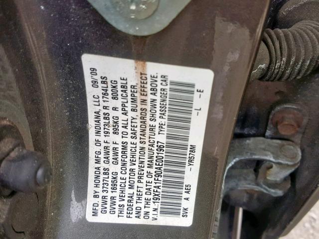 19XFA1F90AE001967 - 2010 HONDA CIVIC EXL GRAY photo 10