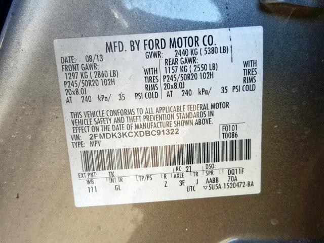 2FMDK3KCXDBC91322 - 2013 FORD EDGE LIMIT GRAY photo 10