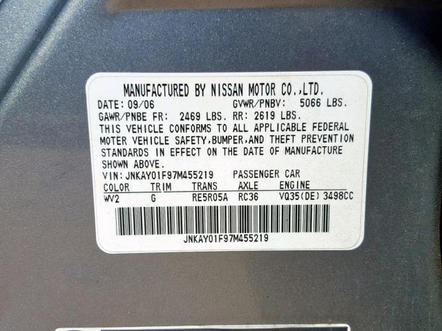 JNKAY01F97M455219 - 2007 INFINITI M35 BASE GRAY photo 10