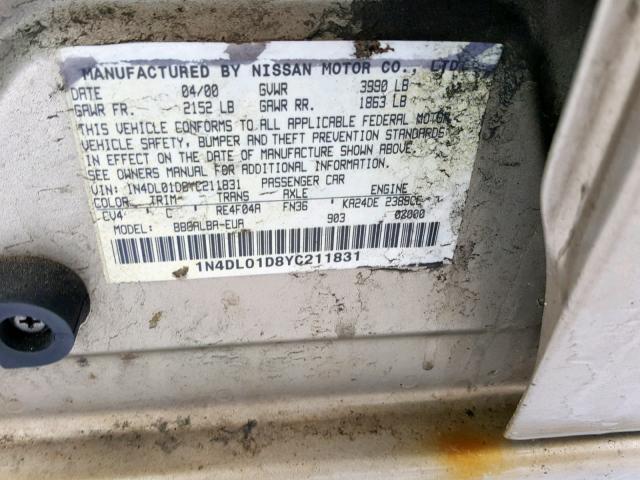 1N4DL01D8YC211831 - 2000 NISSAN ALTIMA XE GOLD photo 10