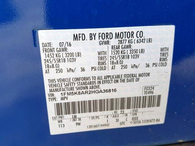 1FM5K8AR2HGA36816 - 2017 FORD EXPLORER P BLUE photo 10