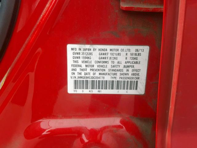 JHMGE8H53DC054779 - 2013 HONDA FIT SPORT RED photo 10