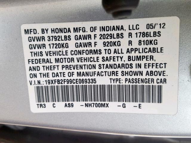 19XFB2F99CE069335 - 2012 HONDA CIVIC EXL SILVER photo 10