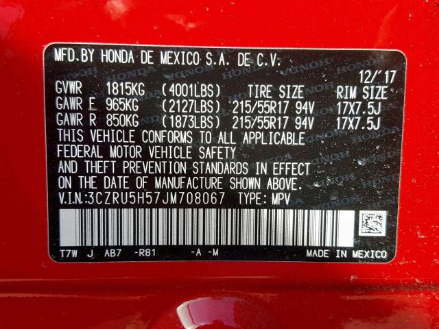 3CZRU5H57JM708067 - 2018 HONDA HR-V EX RED photo 10