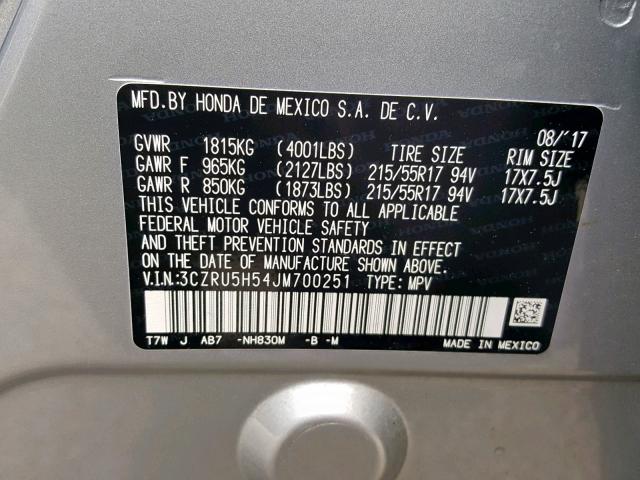 3CZRU5H54JM700251 - 2018 HONDA HR-V EX SILVER photo 10