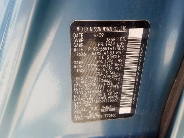 JN8AZ28R69T116327 - 2009 NISSAN CUBE BASE BLUE photo 10