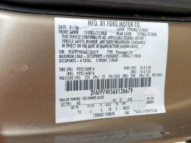 2FAFP74V56X126679 - 2006 FORD CROWN VICT TAN photo 10