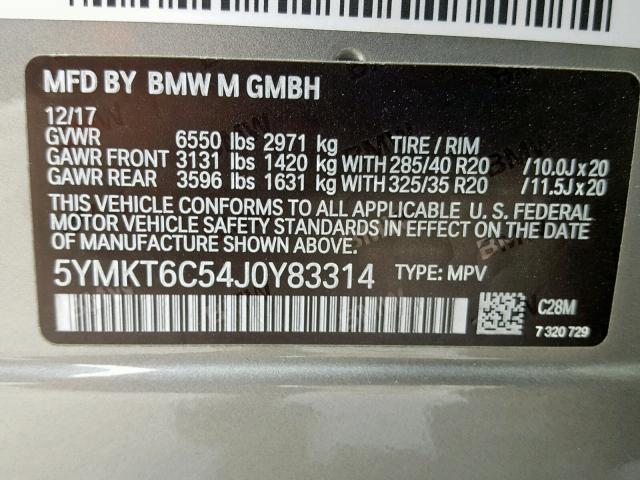 5YMKT6C54J0Y83314 - 2018 BMW X5 M SILVER photo 10