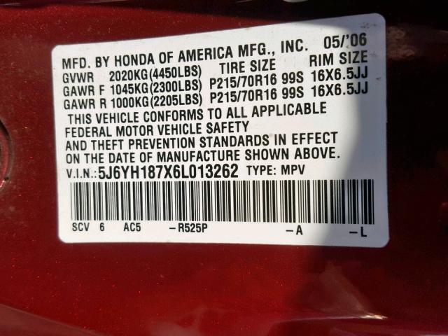 5J6YH187X6L013262 - 2006 HONDA ELEMENT EX RED photo 10