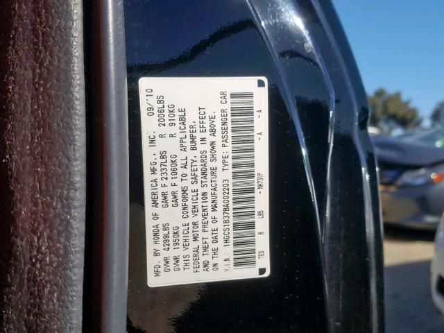 1HGCS1B37BA002203 - 2011 HONDA ACCORD LX- BLACK photo 10