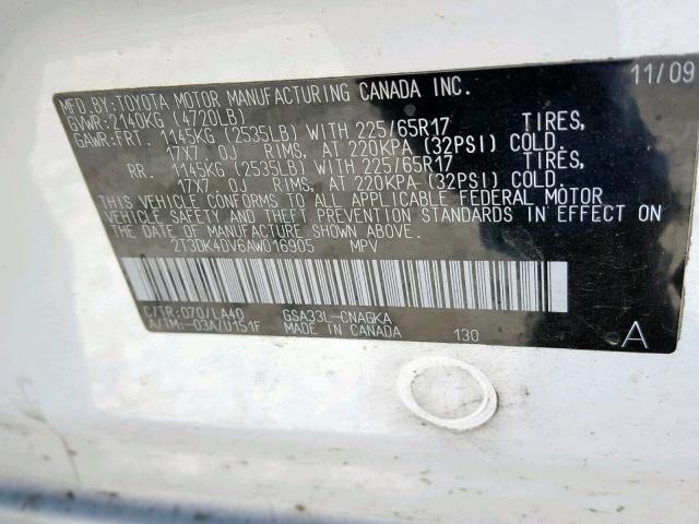 2T3DK4DV6AW016905 - 2010 TOYOTA RAV4 LIMIT WHITE photo 10