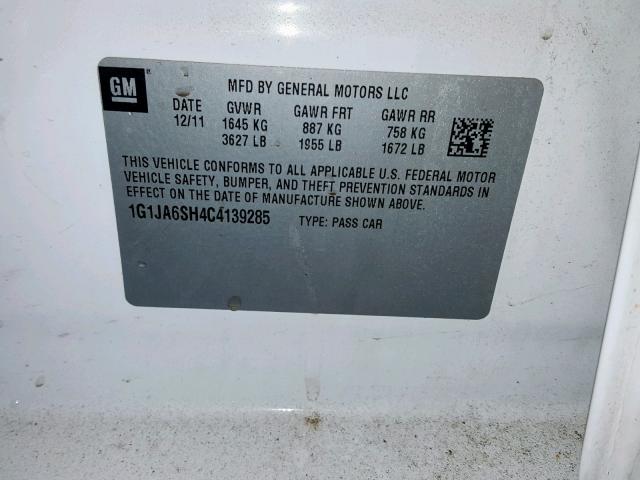 1G1JA6SH4C4139285 - 2012 CHEVROLET SONIC LS 白色 照片 10