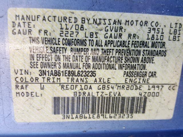 3N1AB61E89L623235 - 2009 NISSAN SENTRA 2.0 BLUE photo 10