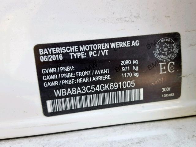 WBA8A3C54GK691005 - 2016 BMW 320 XI WHITE photo 10