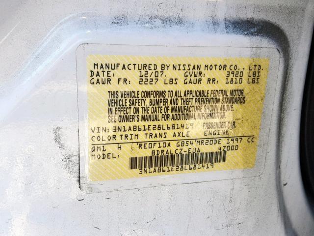 3N1AB61E28L681419 - 2008 NISSAN SENTRA 2.0 WHITE photo 10