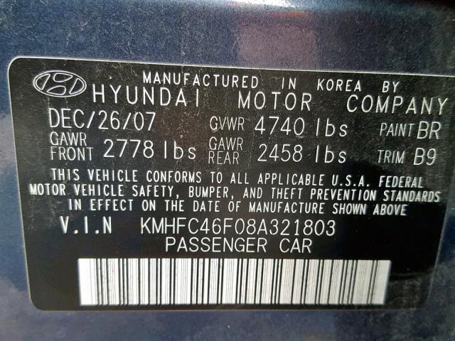 KMHFC46F08A321803 - 2008 HYUNDAI AZERA SE BLUE photo 10