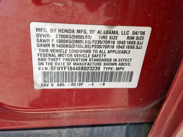 5FNYF18446B023239 - 2006 HONDA PILOT EX RED photo 10