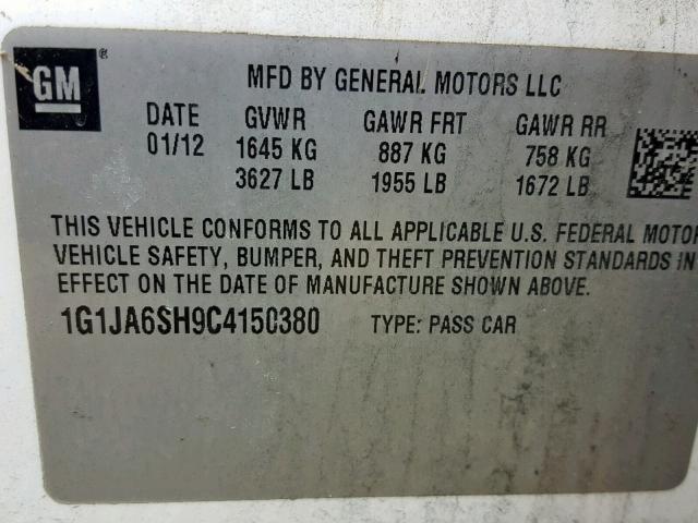 1G1JA6SH9C4150380 - 2012 CHEVROLET SONIC LS 白色 照片 10