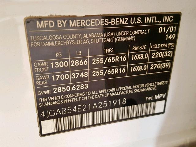 4JGAB54E21A251918 - 2001 MERCEDES-BENZ ML 320 WHITE photo 10