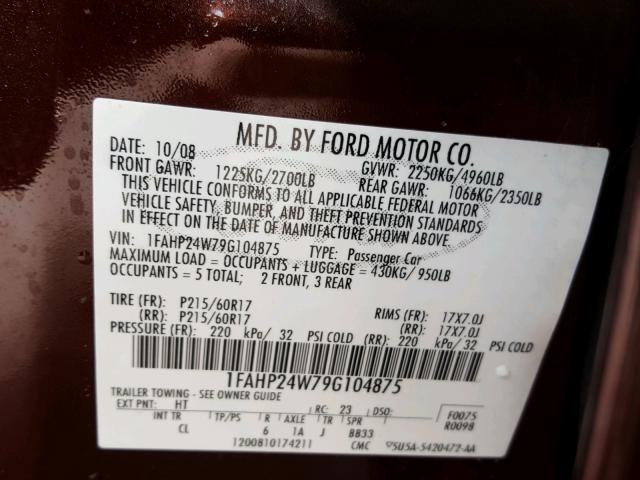 1FAHP24W79G104875 - 2009 FORD TAURUS SEL BROWN photo 10