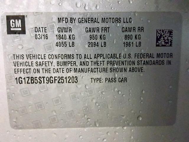 1G1ZB5ST9GF251203 - 2016 CHEVROLET MALIBU LS SILVER photo 10