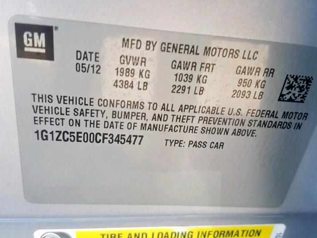 1G1ZC5E00CF345477 - 2012 CHEVROLET MALIBU 1LT ნაცრისფერი ფოტო 10